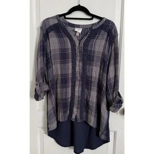 Knox Rose shirt Womens XXL Plaid Mixed Media Flannel Button Roll Tab sleeve Blue